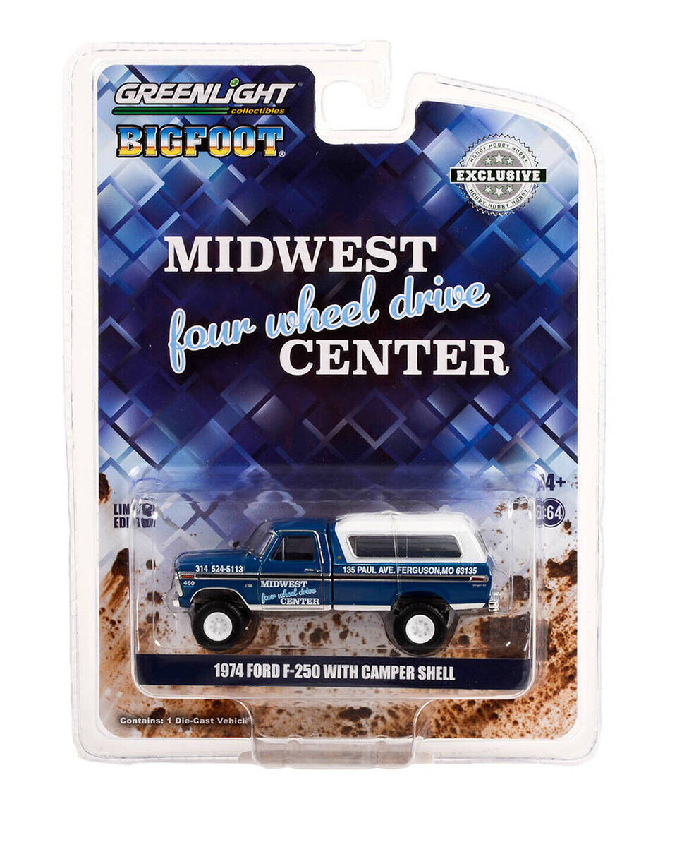 Greenlight 1:64 1974 Ford F-250 with Camper Shell - Midwest Four Wheel Drive Center 30345