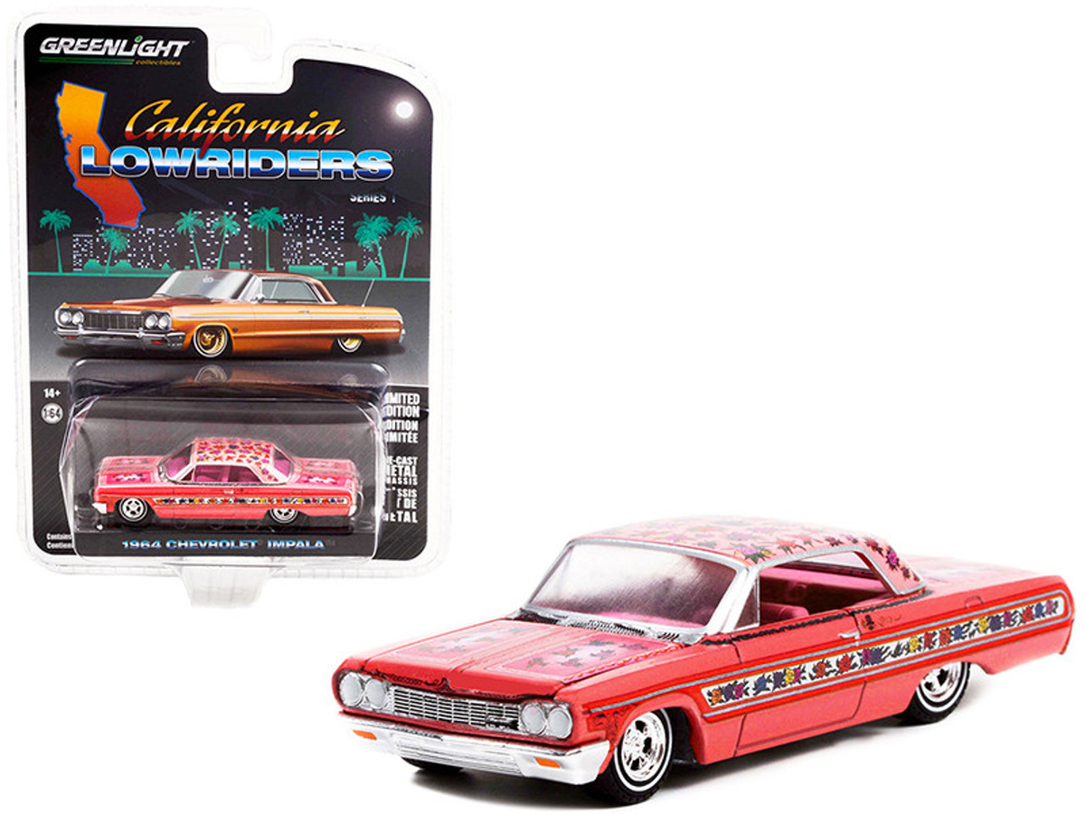 Greenlight 1:64 California Lowriders Series 1 - 1964 Chevrolet Impala Lowrider - Pink with Roses Solid Pack 63010-A - Thumbnail