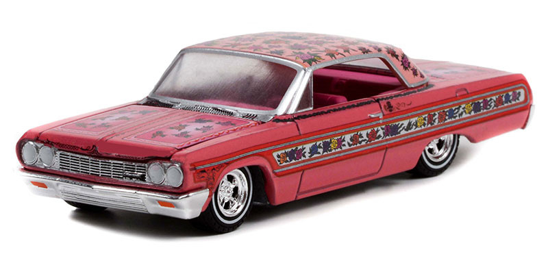 Greenlight 1:64 California Lowriders Series 1 - 1964 Chevrolet Impala Lowrider - Pink with Roses Solid Pack 63010-A - Thumbnail