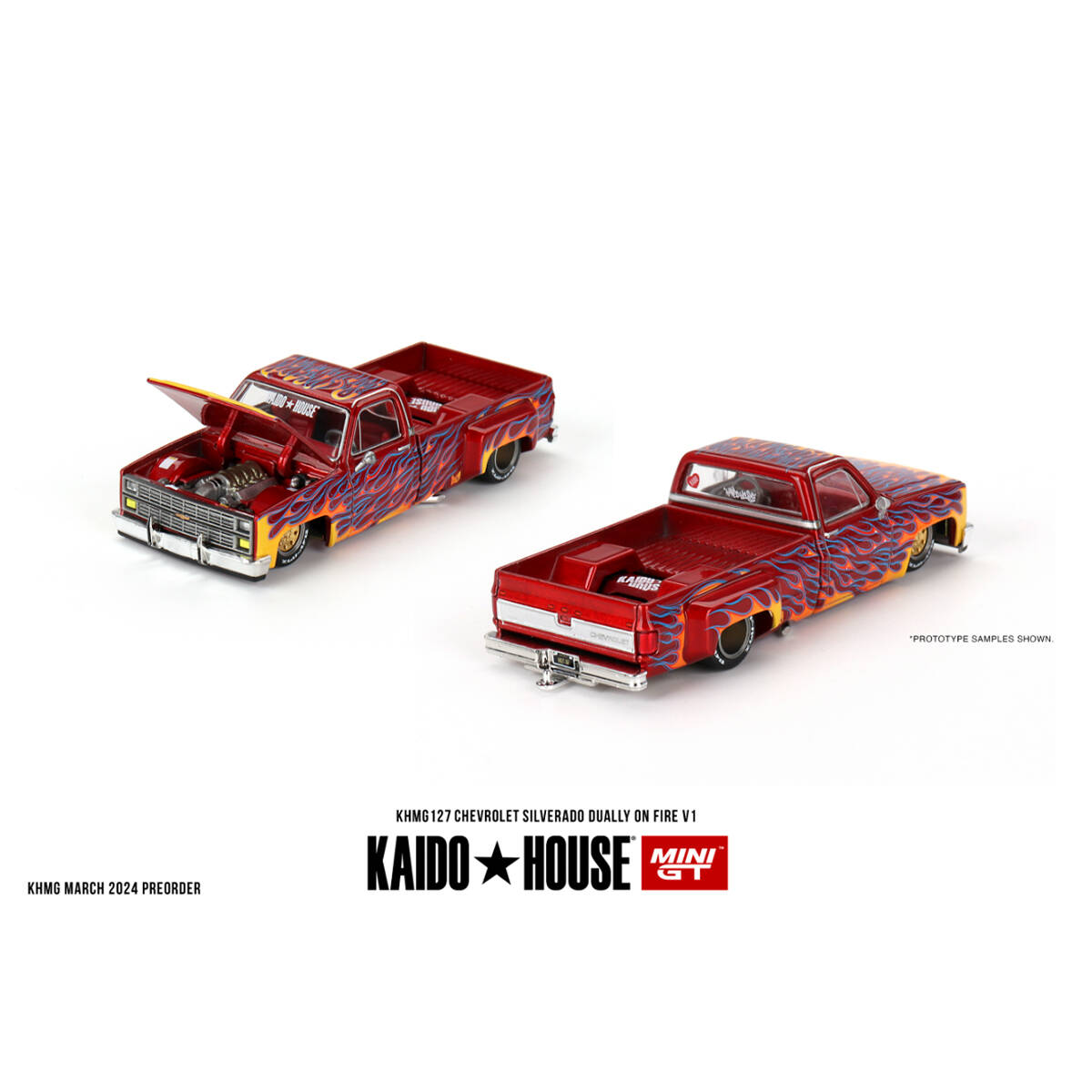 (ÖN SATIŞ) Mini GT 1/64 KaidoHouse Chevrolet Silverado Dually on Fire V1 KHMG127