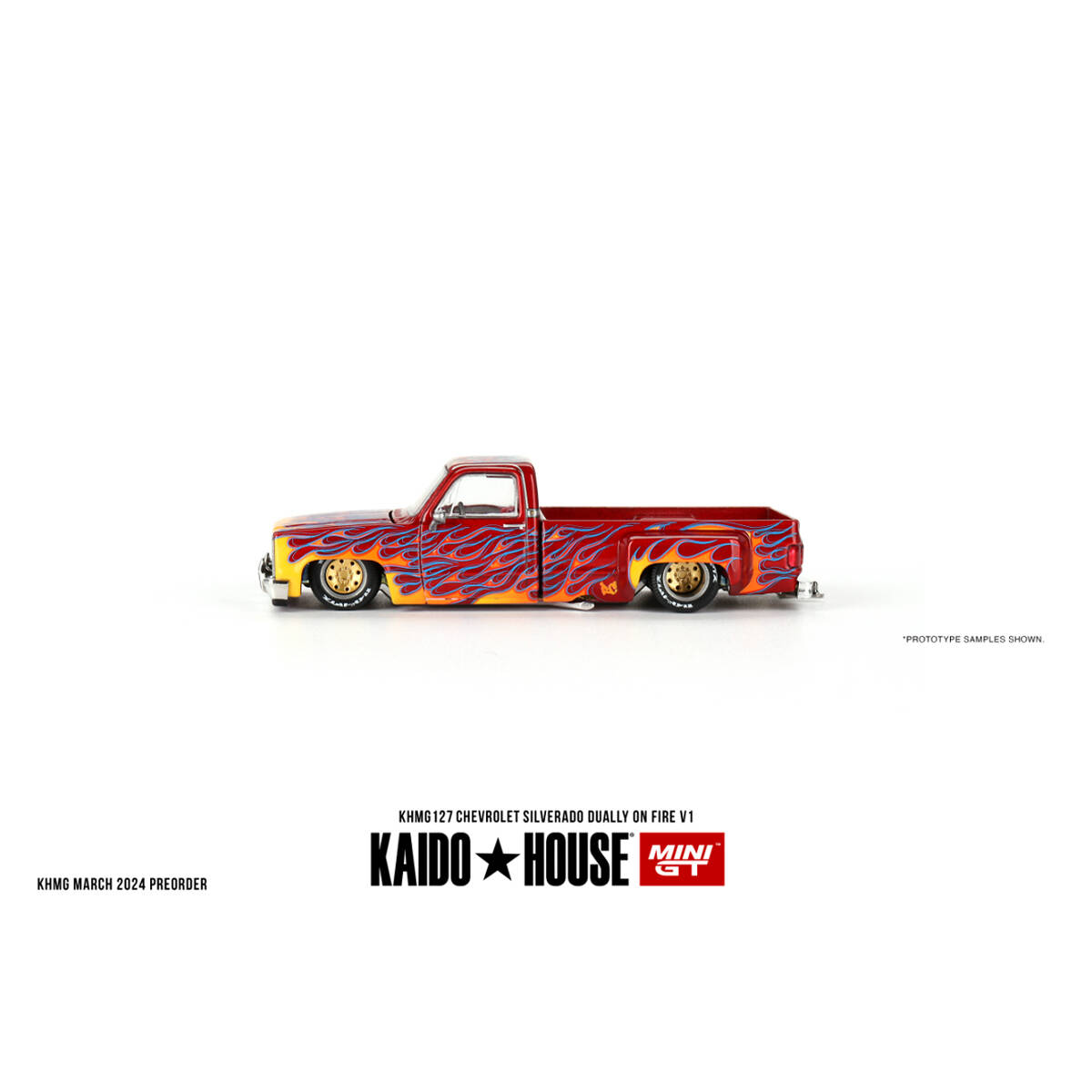 (ÖN SATIŞ) Mini GT 1/64 KaidoHouse Chevrolet Silverado Dually on Fire V1 KHMG127