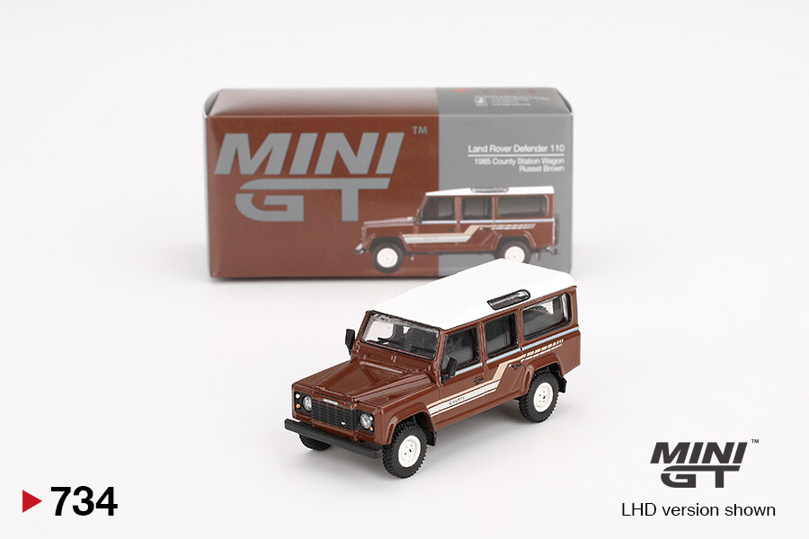 Mini GT 1/64 Land Rover Defender 110 1985 County Station Wagon Russet Brown MGT00734 - Thumbnail