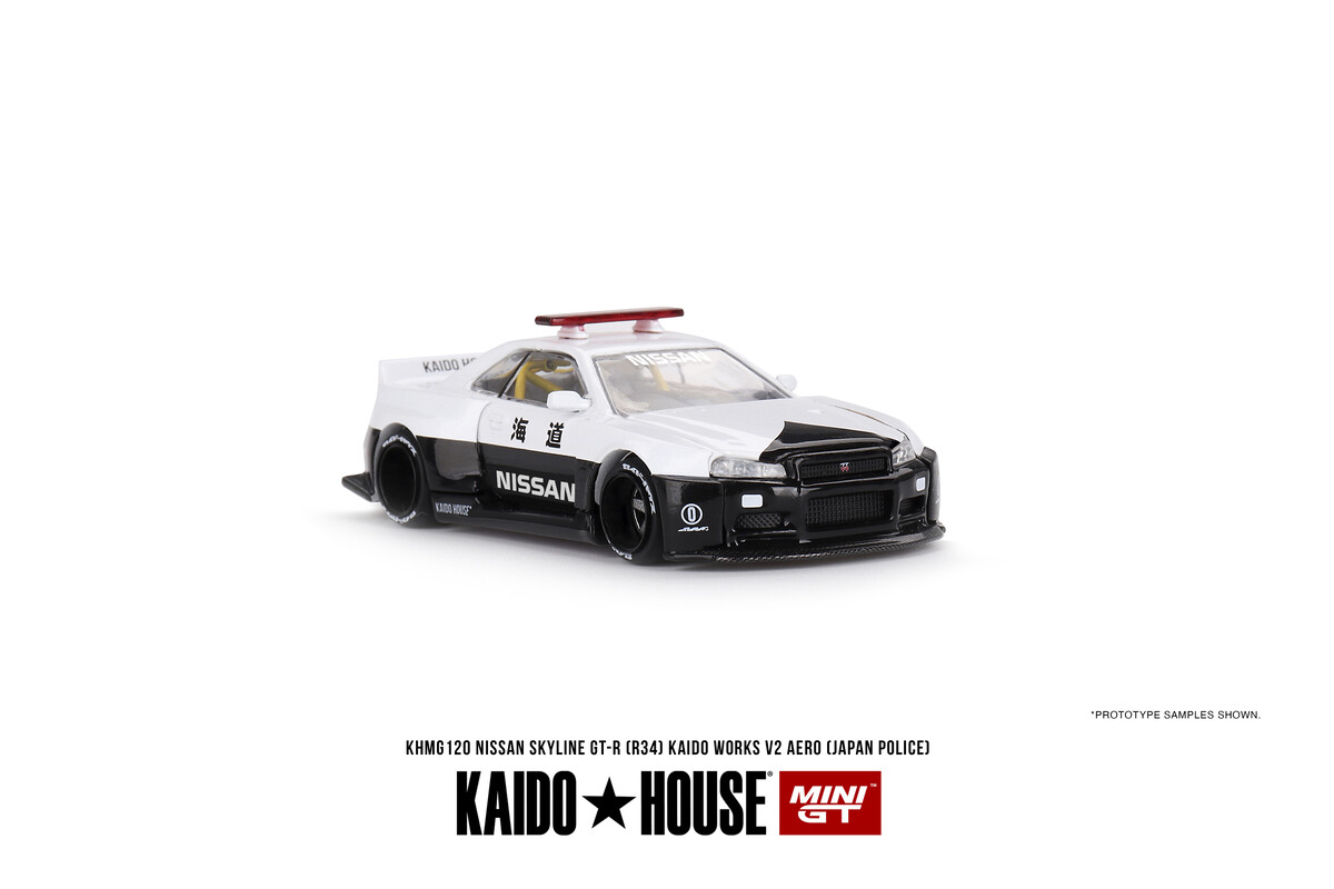 (ÖN SATIŞ) Mini GT 1/64 Nissan Skyline GT-R R34 Kaido Works (V2 Aero) Police KHMG120 - Thumbnail