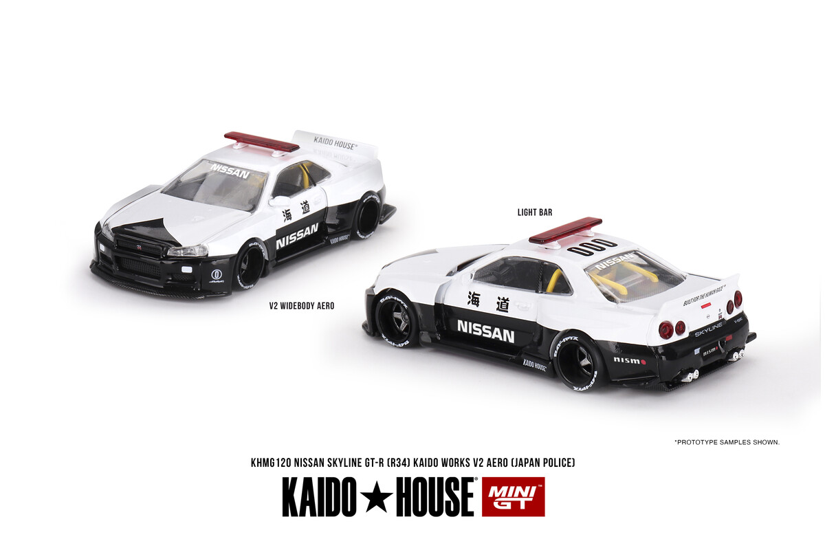 (ÖN SATIŞ) Mini GT 1/64 Nissan Skyline GT-R R34 Kaido Works (V2 Aero) Police KHMG120 - Thumbnail