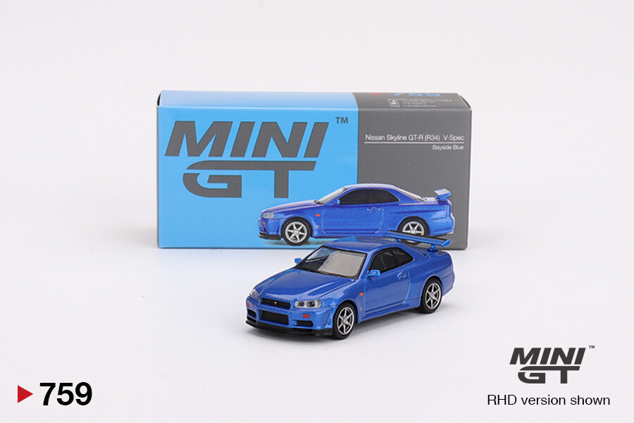 Mini GT 1/64 Nissan Skyline GT-R (R34) V-Spec Bayside Blue MGT00759 - Thumbnail