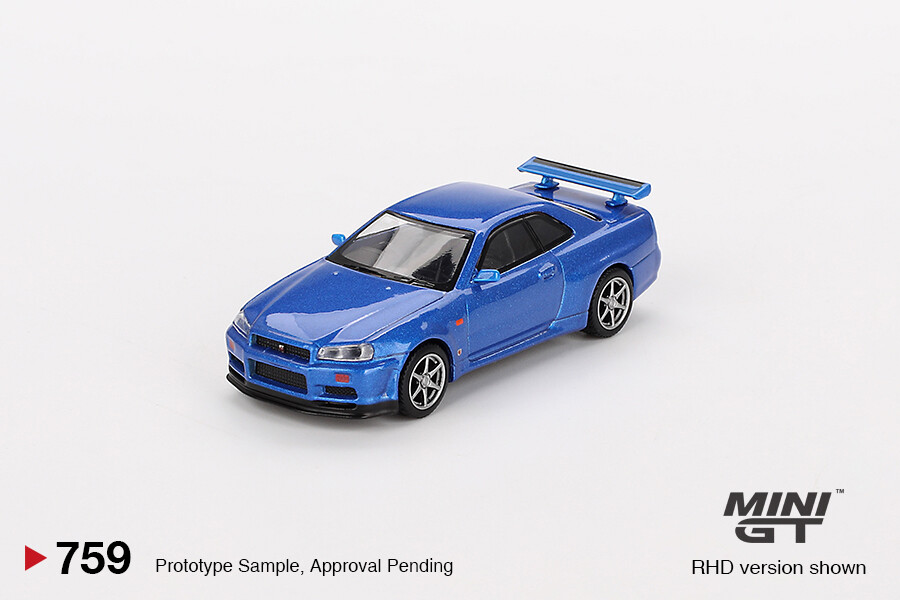 Mini GT 1/64 Nissan Skyline GT-R (R34) V-Spec Bayside Blue MGT00759 - Thumbnail