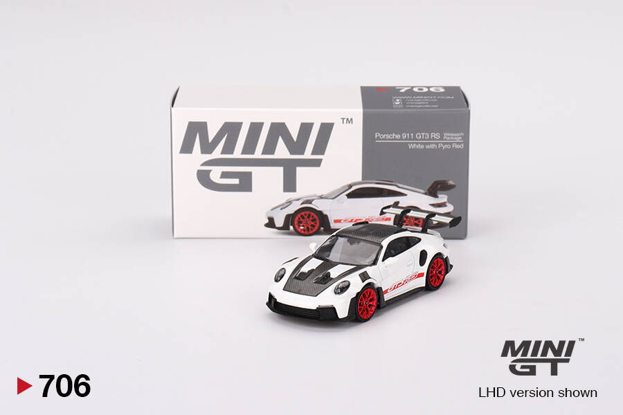 (ÖN SATIŞ) Mini GT 1/64 Porsche 911 (992) GT3 RS Weissach Package White with Pyro Red MGT00706