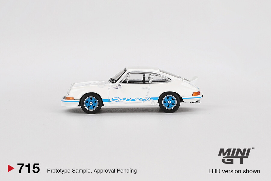 Mini GT 1/64 Porsche 911 Carrera RS 2.7 Grand Prix White with Blue Livery MGT00715 - Thumbnail