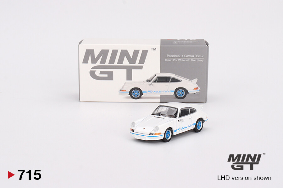 Mini GT 1/64 Porsche 911 Carrera RS 2.7 Grand Prix White with Blue Livery MGT00715 - Thumbnail