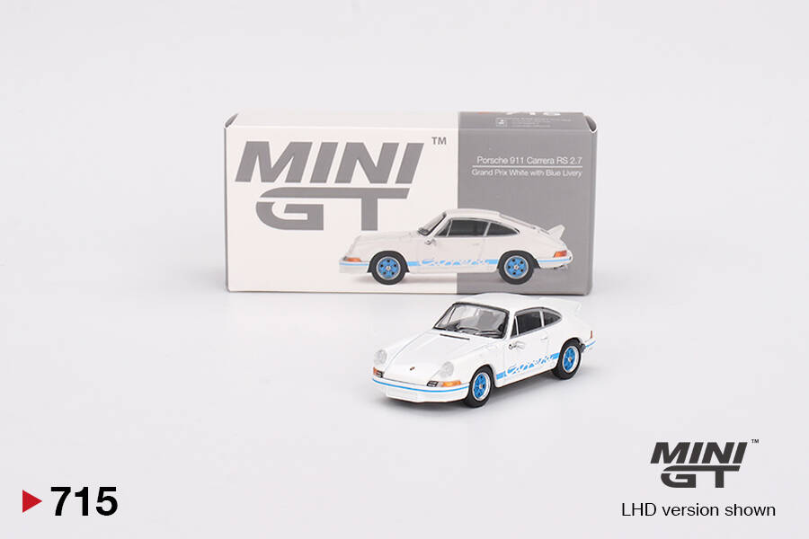 Mini GT 1/64 Porsche 911 Carrera RS 2.7 Grand Prix White with Blue Livery MGT00715