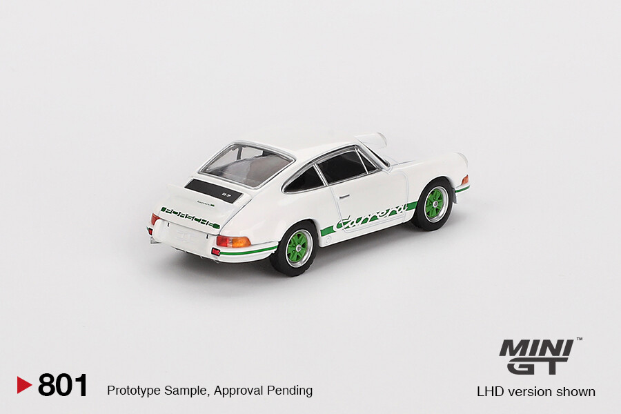 (ÖN SATIŞ) Mini GT 1/64 Porsche 911 Carrera RS 2.7 Grand Prix White with Green Livery - Blister Paket MGT00801-BL - Thumbnail