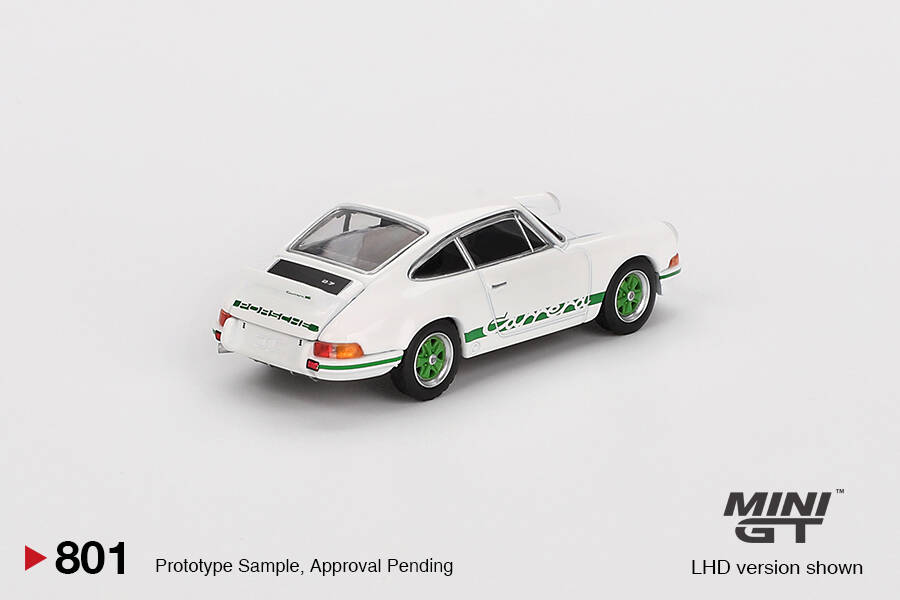 (ÖN SATIŞ) Mini GT 1/64 Porsche 911 Carrera RS 2.7 Grand Prix White with Green Livery - Blister Paket MGT00801-BL