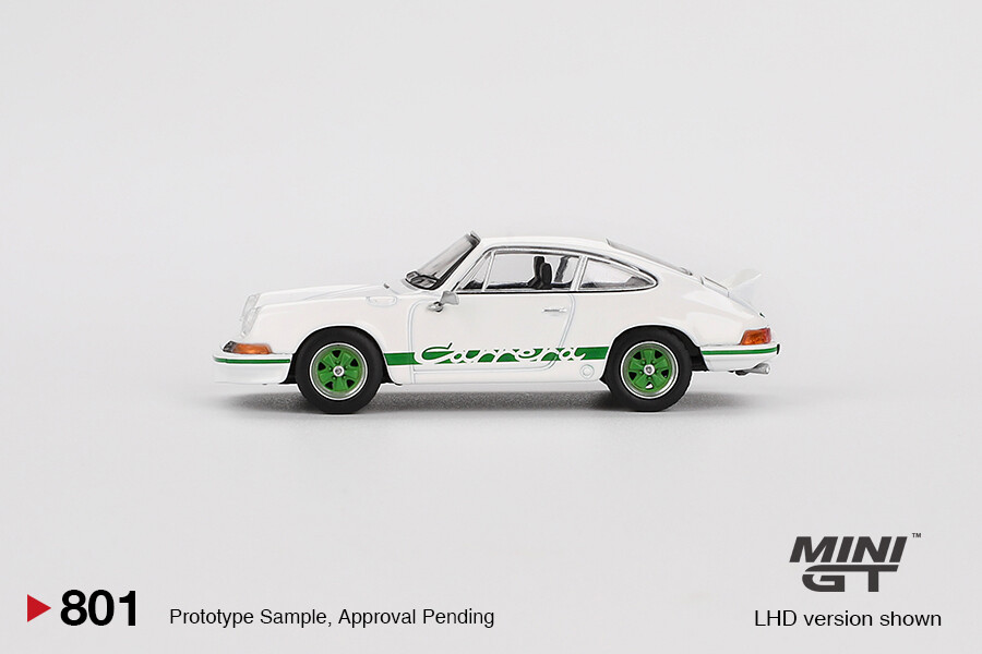 (ÖN SATIŞ) Mini GT 1/64 Porsche 911 Carrera RS 2.7 Grand Prix White with Green Livery - Blister Paket MGT00801-BL - Thumbnail