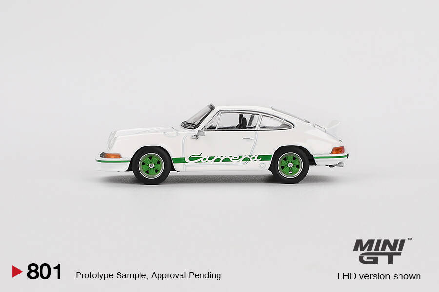 (ÖN SATIŞ) Mini GT 1/64 Porsche 911 Carrera RS 2.7 Grand Prix White with Green Livery - Blister Paket MGT00801-BL